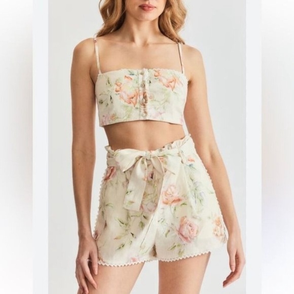 Caroline Constas Pastel Linen Crop Two Piece Floral Feminine Set size Medium - Picture 5 of 17